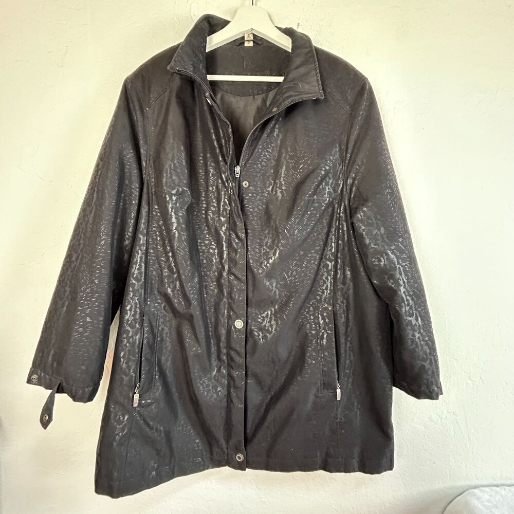 Vintage Koehler-Krenzer DE Womens Black Animal Print Coat Jacket 46 Zip-Pockets